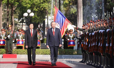 Lễ đón trọng thể Tổng Bí thư Tô Lâm tại thủ đô Viêng Chăn (Lào)