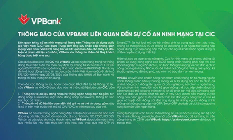Thông báo của VPBank liên quan đến sự cố an ninh mạng tại CIC